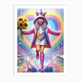 happy young girl, colorful rainbows and sunflowers Art Print