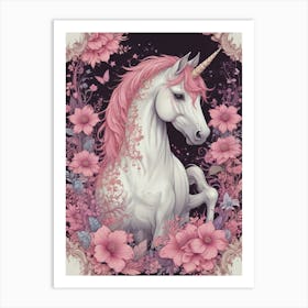 Unicorn In Pink Flowers Art Print