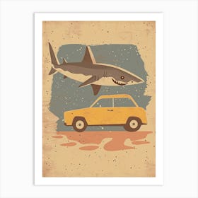 Shark Swimming By A Car Storybook Style Art Print