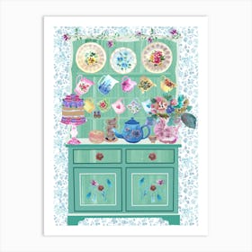 Grandmas's Kitchen Dresser With Cake And Flowers Art Print