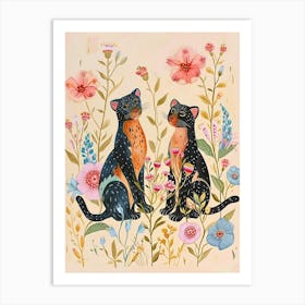 Folksy Floral Animal Drawing Panther Art Print