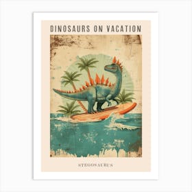 Vintage Stegosaurus Dinosaur On A Surf Board 3 Poster Art Print