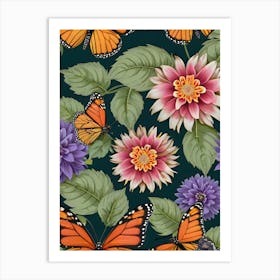 Seamless Pattern With Butterflies And Flowers 7 Art Print