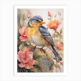 Bluebird With Roses Art Print