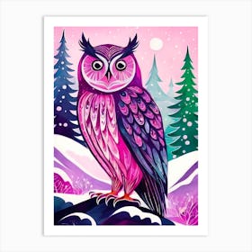 Pink Owl Snowy Landscape Painting (25) Art Print