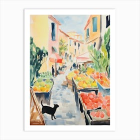 Food Market With Cats In Saint Tropez 3 Watercolour Art Print