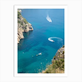 Cliffs and boats in a Mediterranean bay Art Print