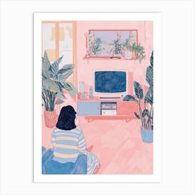 Girl Watching Tv Lo Fi Kawaii Illustration 1 Art Print