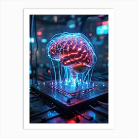 Cyber Brain Concept Embodying Ai And Innovation Neon Glowing Circuits Interlaced With Transparent H (7) Art Print