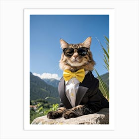 Cat Outfitted In Sharp Business Attire With A Fashionable Yellow Bow Tie Resting Sunglasses Atop It Art Print