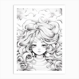 Wavy Hair Fine Line Drawing Colouring Book Style 1 Art Print