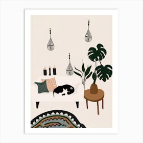 Boho Living Room With A Mostera And A Cat Copy Art Print