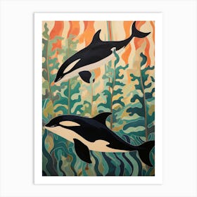 Orca Whales Swimming With Seaweed Art Print