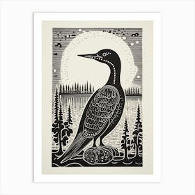 B&W Bird Linocut Loon 2 Art Print