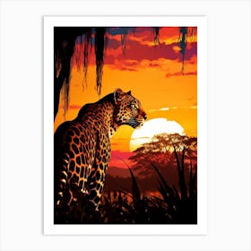 African Leopard Sunset Silhouette Painting 1 Art Print