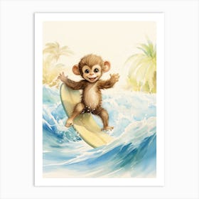 Monkey Painting Surfing Watercolour 3 Art Print
