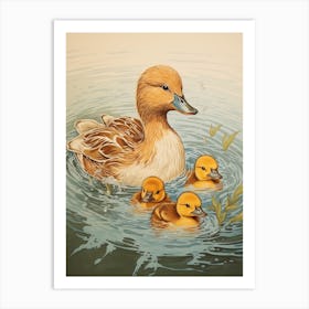 Ducklings In The Lake Japanese Woodblock Style 1 Art Print