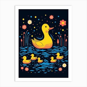 Ducklings At Night Floral Pattern 2 Art Print