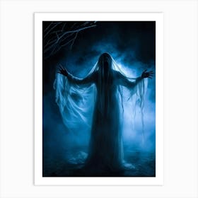 Ghostly Figure Mid Scream Behind A Semi Transparent Veil Ethereal Hands Reaching Out From The Mis Art Print