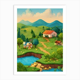 Cartoon Landscape With Houses And Trees Wall Art For Living Room Art Print