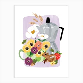 Fall Still Life with Coffee & Chipmunk Art Print