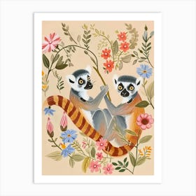 Folksy Floral Animal Drawing Lemur 2 Art Print