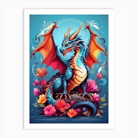 Colorful Dragon With Flowers Art Print