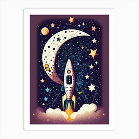 Retro Rocket and Moon, Nostalgic Space Illustration. Poster