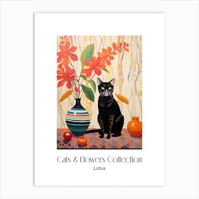 Cats & Flowers Collection Lotus Flower Vase And A Cat, A Painting In The Style Of Matisse 2 Art Print