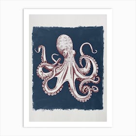Retro Linocut Octopus With Blue Background 3 Art Print