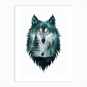 Intricate Wolf Artwork With Serene Watercolor Landscape 3 Art Print