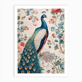 Cream Floral Peacock Wallpaper Inspired Art Print