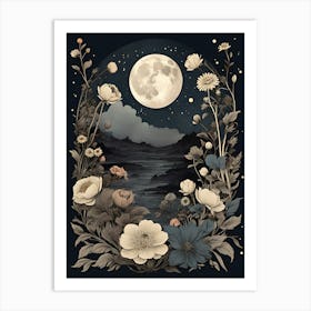 Moon And Flowers Art Print