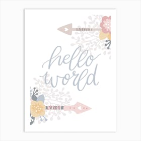 Hello World Arrows Floral Pink Nursery Art Print
