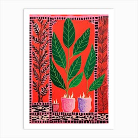 Pink And Red Plant Illustration Zz Plant Zamioculcas 1 Art Print