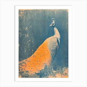 Vintage Navy Blue & Orange Peacock Portrait Art Print