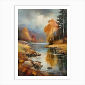 Autumn Lake,Forest Lake, Vintage Oil Painting, Farmhouse Wall Decorations, Antique Landscape, Vintage Landscape Oil Painting.3 Art Print