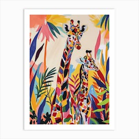 Watercolour Colourful Giraffe Pair 2 Art Print