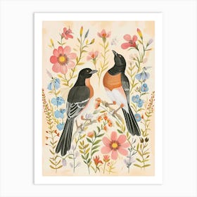 Folksy Floral Animal Drawing Magpie Art Print