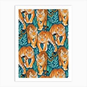 The Hunt Golden Orange Tigers On Teal Blue Art Print