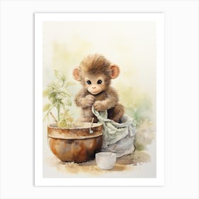 Monkey Painting Knitting Watercolour 3 Art Print