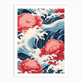 Great Wave With Peony Flower Drawing In The Style Of Ukiyo E 3 Art Print