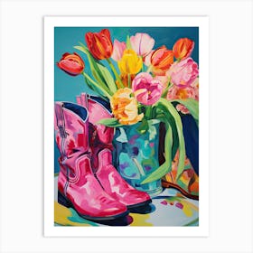 Oil Painting Of Tulips Flowers And Cowboy Boots, Oil Style 1 Art Print