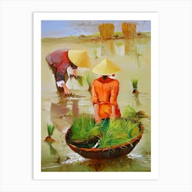 Asian Women Harvesting Rice Art Print