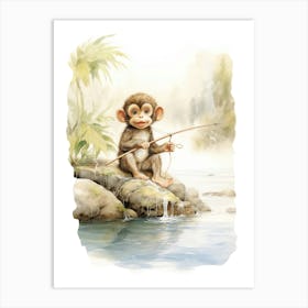 Monkey Painting Fishing Watercolour 3 Art Print