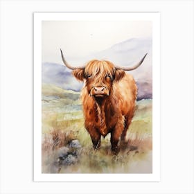 Chestnut Highland Cow In A Cloudy Field Art Print