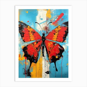 Red Butterfly on blue background in Basquiat's Style Art Print