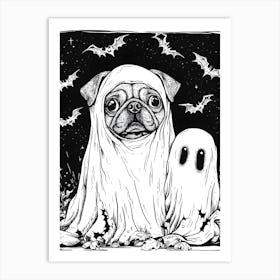 Halloween Pug with Ghost and Bats Art Print