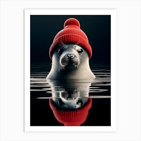 Baby Seal In Red Hat Art Print
