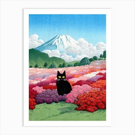 View Of Mount Fuji From An Azalea Garden With A Cat Art Print
